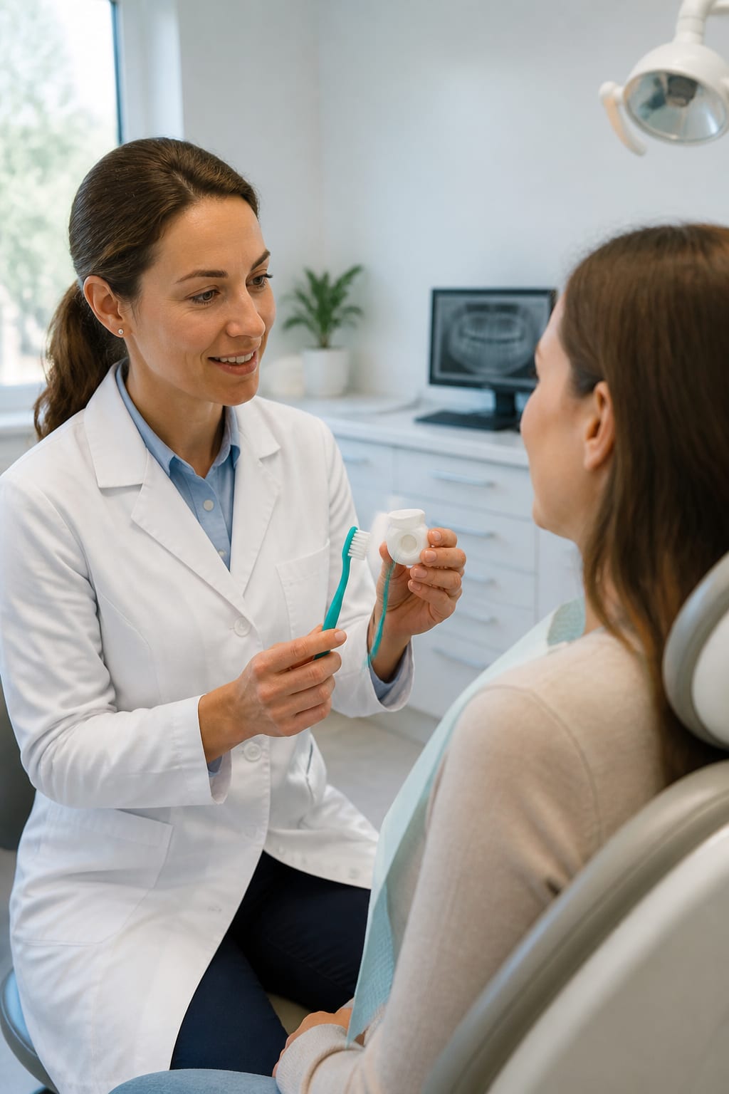 Dentista compartiendo recomendaciones de cuidado